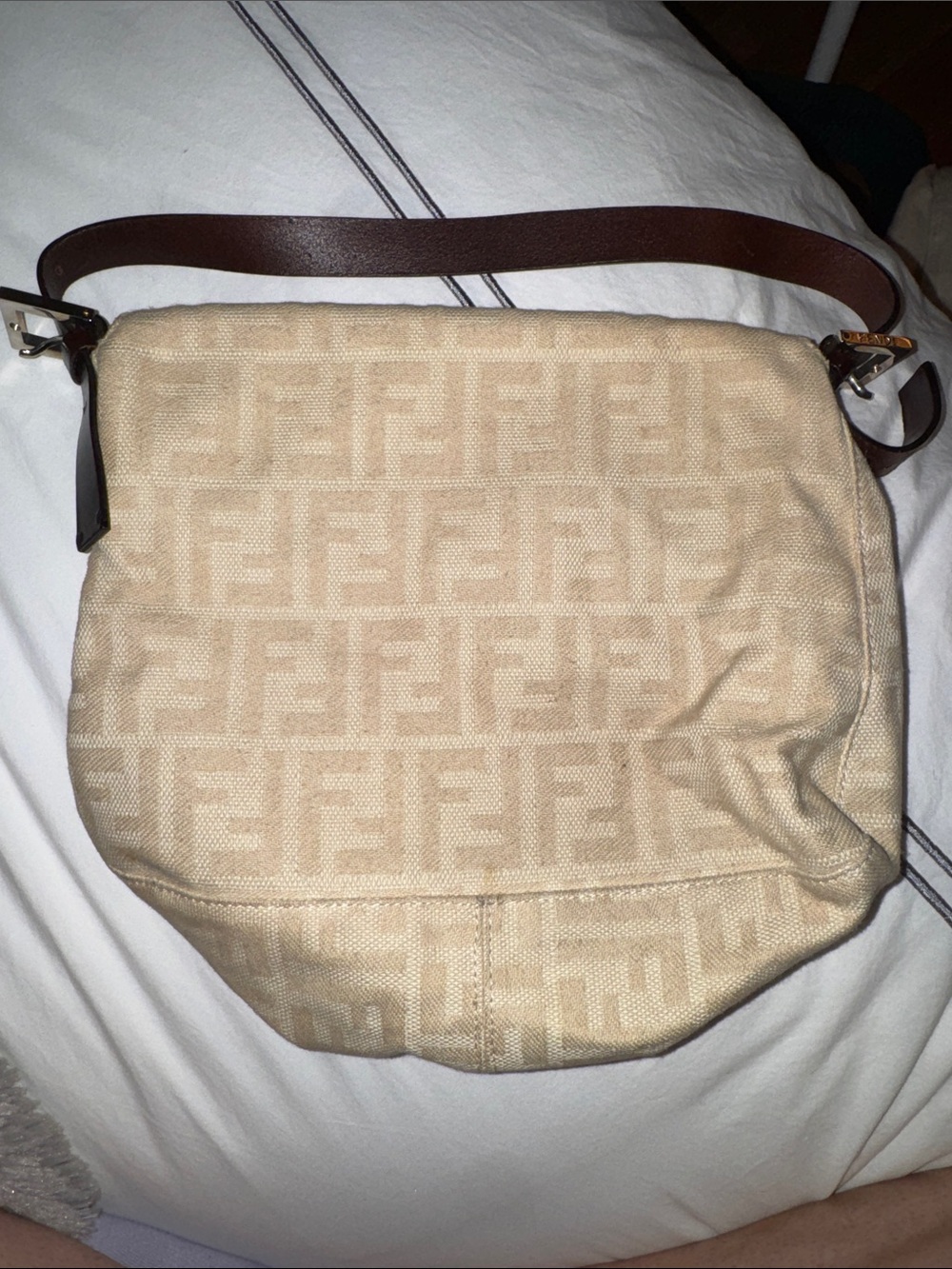Fendi Beige Zucca Monogram Shoulder Bag with Brown Leather Trim - Picture 2 of 4